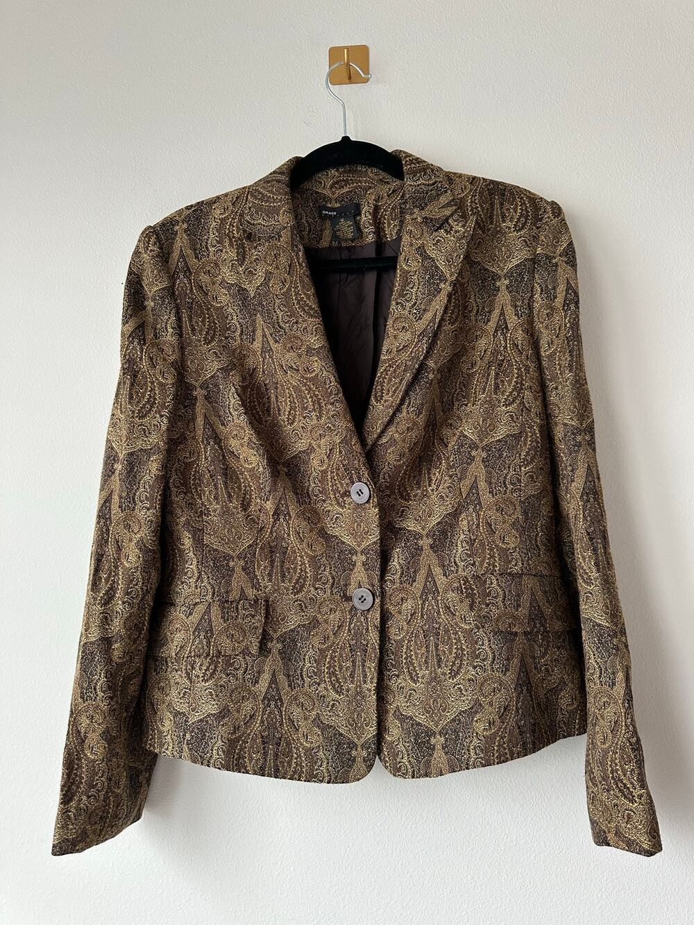 Vintage 90s  Gold Brown Paisley Tapestry Blazer Brocade Jacket 90s Boho Size 12